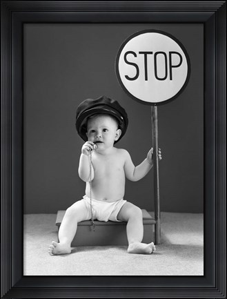 Framed 1940s Baby Boy Holding Stop Sign Print