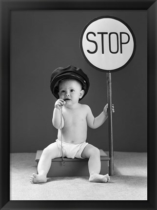 Framed 1940s Baby Boy Holding Stop Sign Print