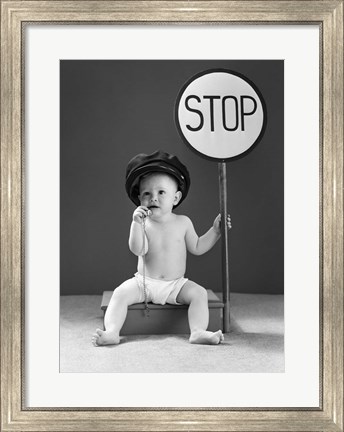 Framed 1940s Baby Boy Holding Stop Sign Print