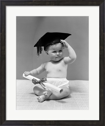 Framed 1940s Baby Wearing Graduation Cap Print