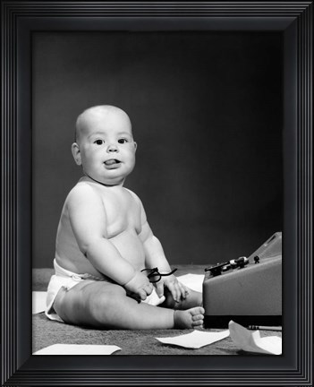 Framed 1950s 1960s Baby In Diaper Sticking Out Tongue Print