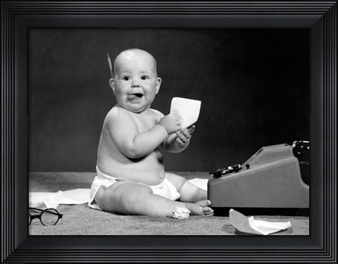 Framed 1960s Eager Baby Accountant Working At Adding Machine Print