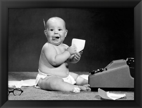 Framed 1960s Eager Baby Accountant Working At Adding Machine Print