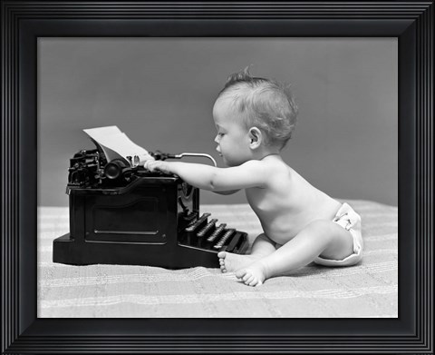 Framed 1940s Baby In Diaper Typing Print