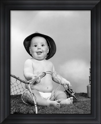 Framed 1960s Baby Girl Wearing Fishing Hat Print
