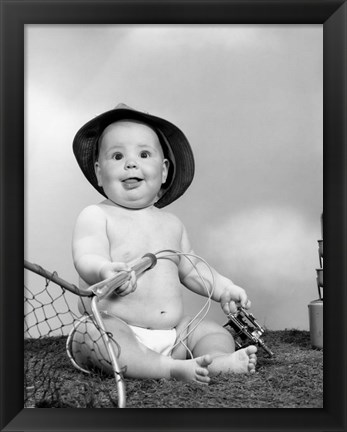 Framed 1960s Baby Girl Wearing Fishing Hat Print