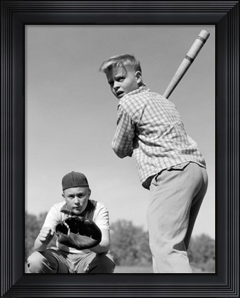 Framed 1950s Teen Boy At Bat Print
