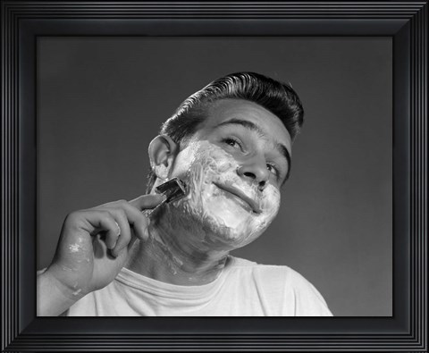 Framed 1950s Young Man Shaving With Safety Razor Print