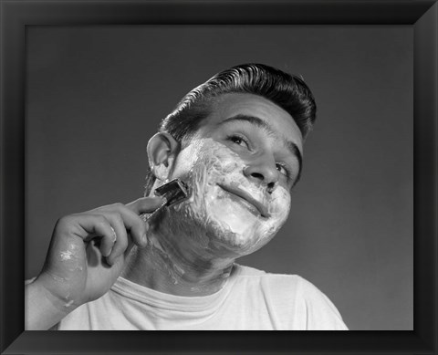 Framed 1950s Young Man Shaving With Safety Razor Print