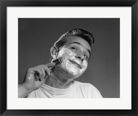 Framed 1950s Young Man Shaving With Safety Razor Print