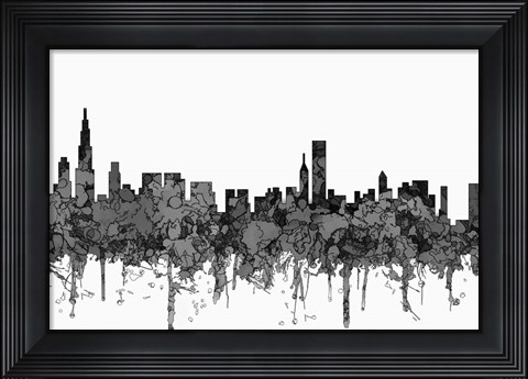 Framed Chicago Illinois Skyline - Cartoon B&amp;W Print