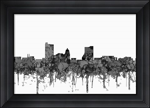 Framed Fort Wayne Indiana Skyline - Cartoon B&amp;W Print