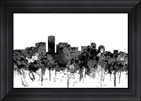 Framed Long Beach California Skyline-  Cartoon B&amp;W Print
