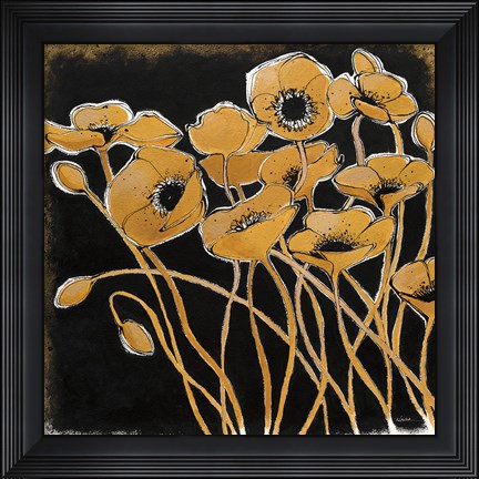 Framed Gold Black Line Poppies I Print