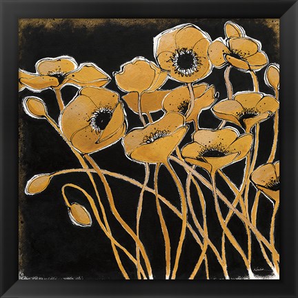 Framed Gold Black Line Poppies I Print