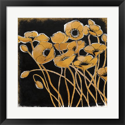 Framed Gold Black Line Poppies I Print