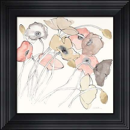 Framed Black Line Poppies II Watercolor Neutral Print