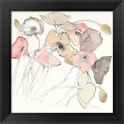 Framed Black Line Poppies II Watercolor Neutral Print