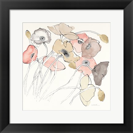 Framed Black Line Poppies II Watercolor Neutral Print