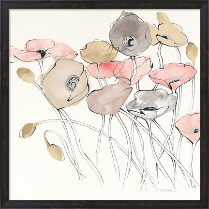 Framed Black Line Poppies I Watercolor Neutral Print
