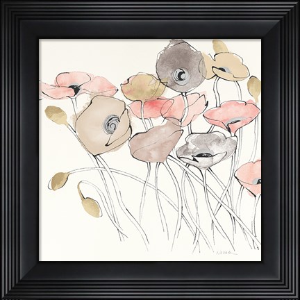 Framed Black Line Poppies I Watercolor Neutral Print