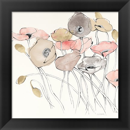 Framed Black Line Poppies I Watercolor Neutral Print