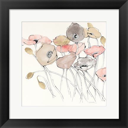 Framed Black Line Poppies I Watercolor Neutral Print