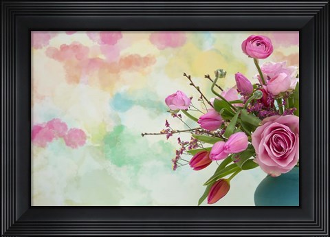 Framed Pink Flowers and Watercolor Painting Print