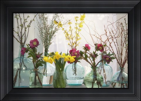 Framed Spring Flowers in Glass Bottles I Print
