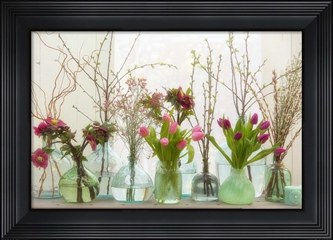 Framed Spring Flowers in Glass Bottles II Print