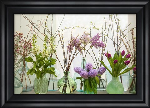 Framed Spring Flowers in Glass Bottles III Print