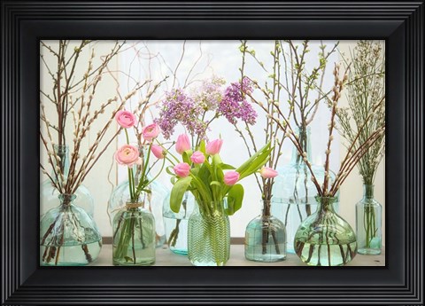 Framed Spring Flowers in Glass Bottles VI Print
