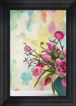 Framed Pink Bouquet in Turqoise Vase Print