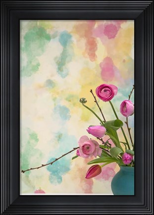 Framed Pink Flowers in Turqoise Vase Print