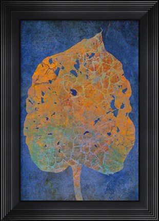 Framed Leaf Orange on Blue Print