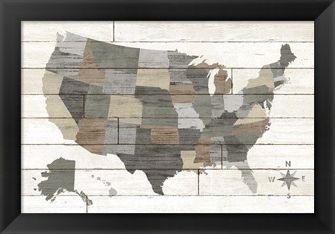 Framed Barnboard Map Neutral no Words Print