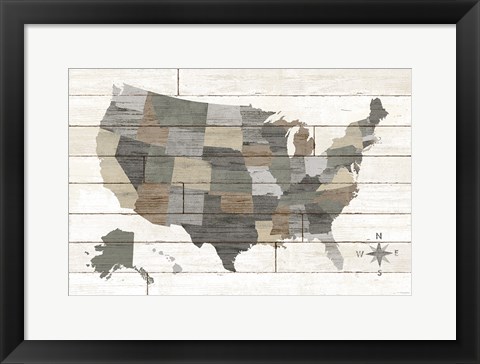 Framed Barnboard Map Neutral no Words Print