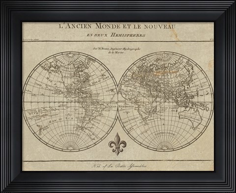 Framed Map of the World Sepia Print