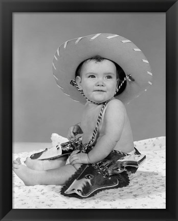 Framed 1960s Baby Girl Wearing Cowboy Hat Print