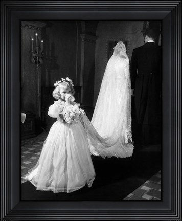 Framed 1950s Little Girl Bridesmaid Drinking Glass Of Milk Print