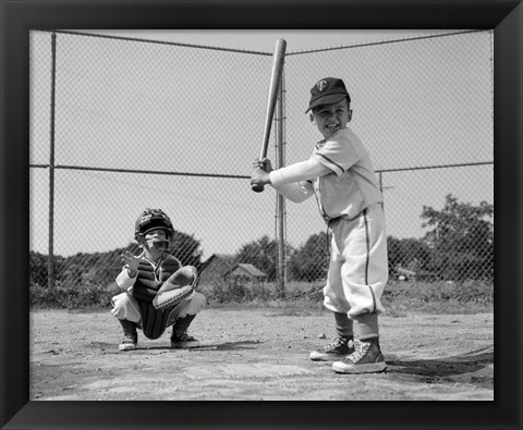 Framed 1960s Two Boys Playing Baseball Print