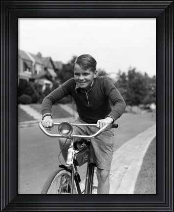 Framed 1930s Smiling Boy Riding Bicycle Print
