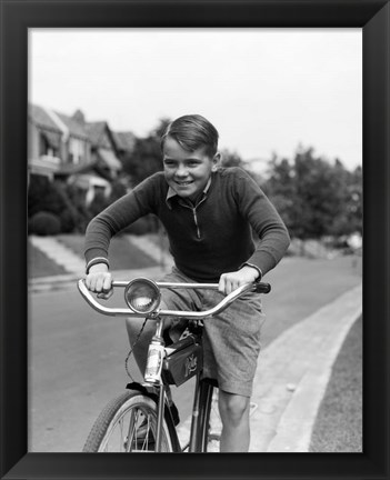 Framed 1930s Smiling Boy Riding Bicycle Print