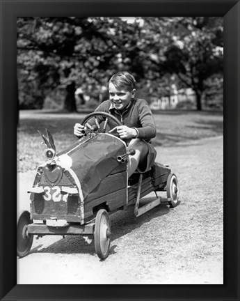 Framed 1930s Boy Driving Home In Race Car Print