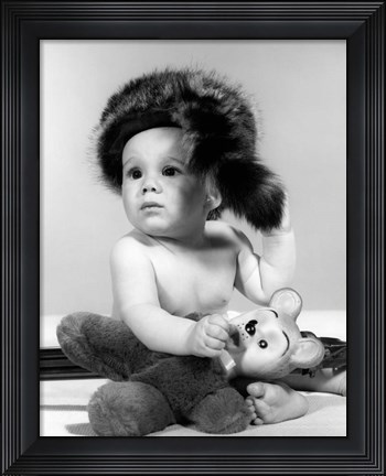 Framed 1960s Baby Wearing Coonskin Hat Print