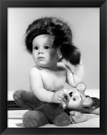 Framed 1960s Baby Wearing Coonskin Hat Print