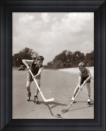 Framed 1930s 1940s 2 Boys With Sticks And Puck Print