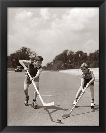 Framed 1930s 1940s 2 Boys With Sticks And Puck Print