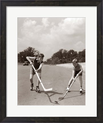 Framed 1930s 1940s 2 Boys With Sticks And Puck Print