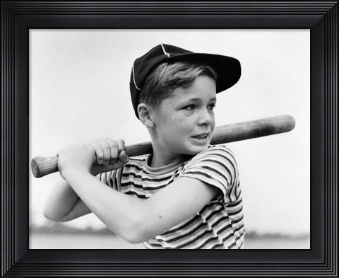Framed 1930s Boy At Bat Wearing A Horizontal Striped Tee Shirt Print